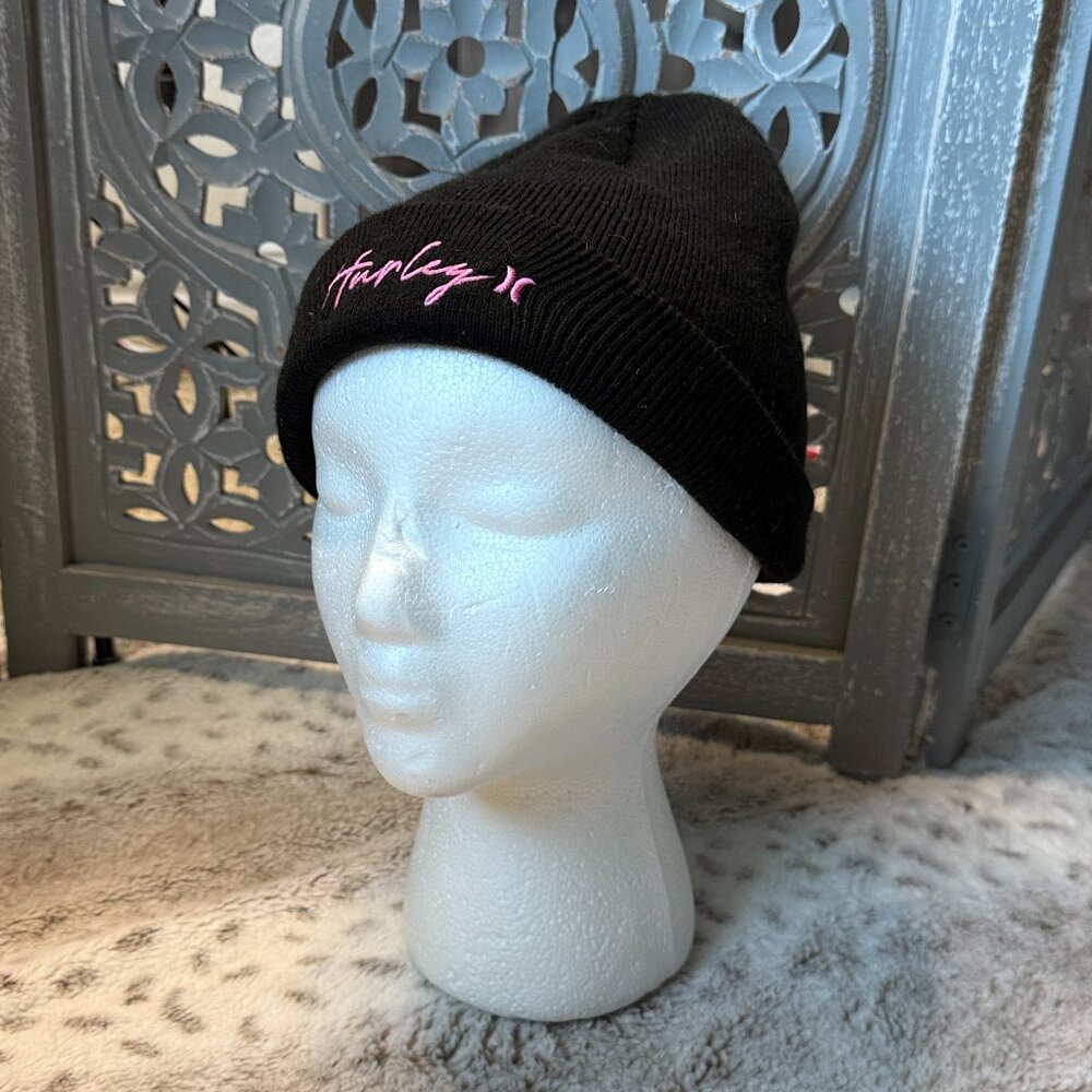 Hurley black beanie hat OS pink embroidery skater sporty California surf beach